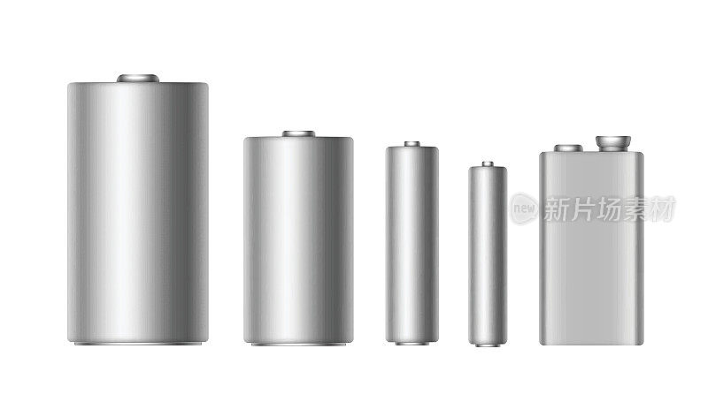 不同尺寸的AAA, AA, C, D, PP3和9伏电池的灰银碱性矢量组关闭隔离